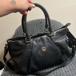 Authentic MCM GLAM EMBOSSED HANDBAG SHOULDER BAG BLK LEATHER LADIES